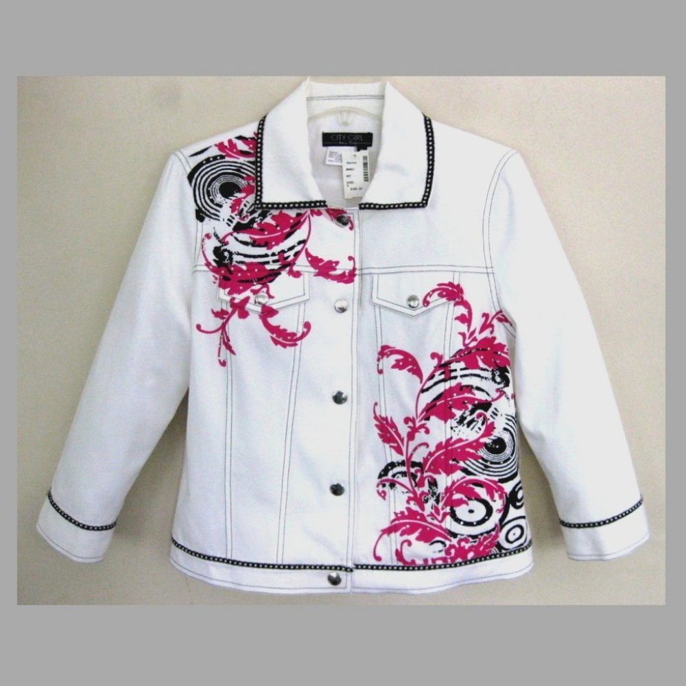 NWT Embellished white jean jacket S $165 Rhinestones Pink Black trim Western New